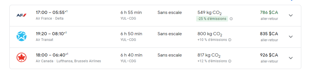 Exemple Comparaison vols YUL CDG
