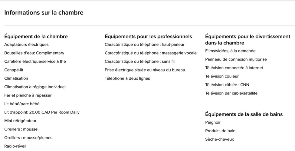 Informations sur la chambre