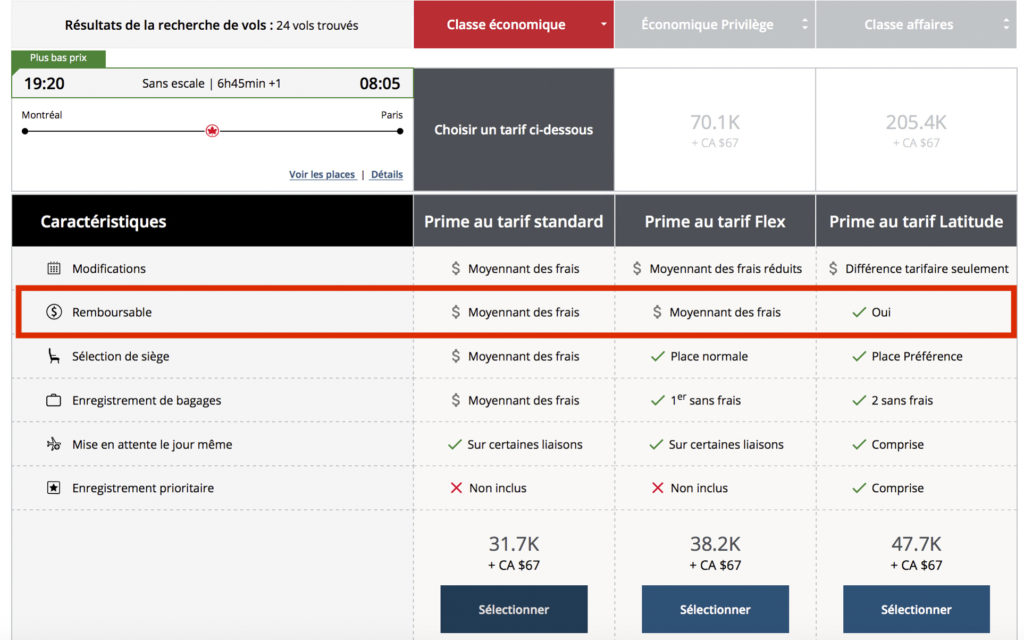 AC Classes tarifaires Aeroplan