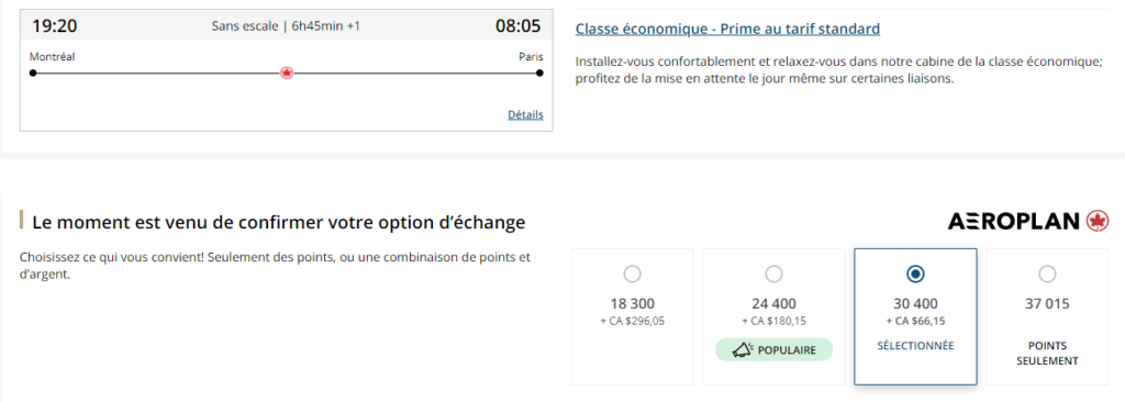 Exemple Aeroplan YUL CDG Choix échange