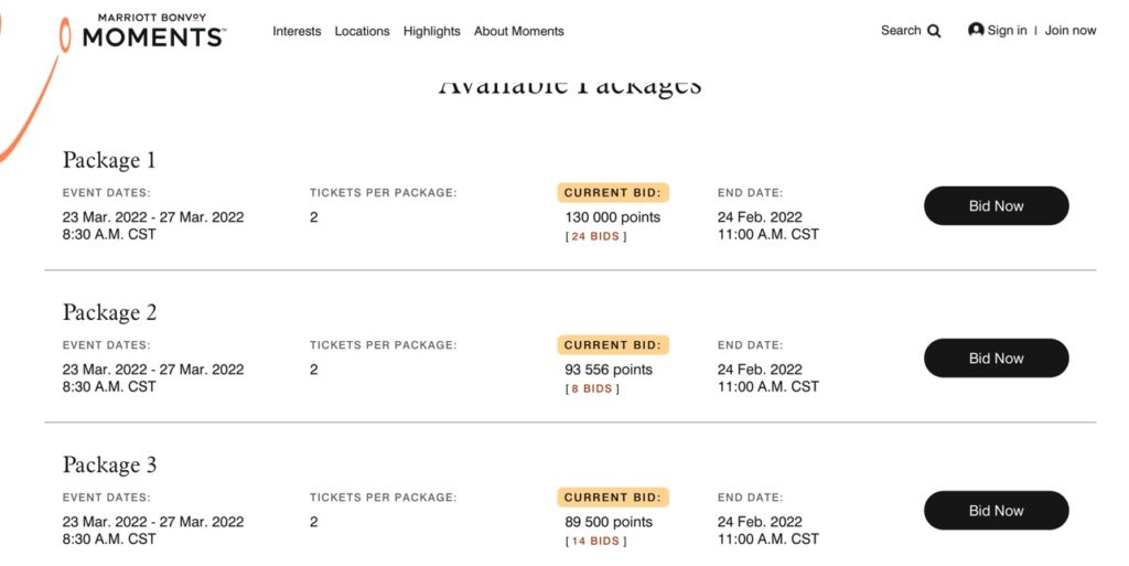 Encheres de points Marriott