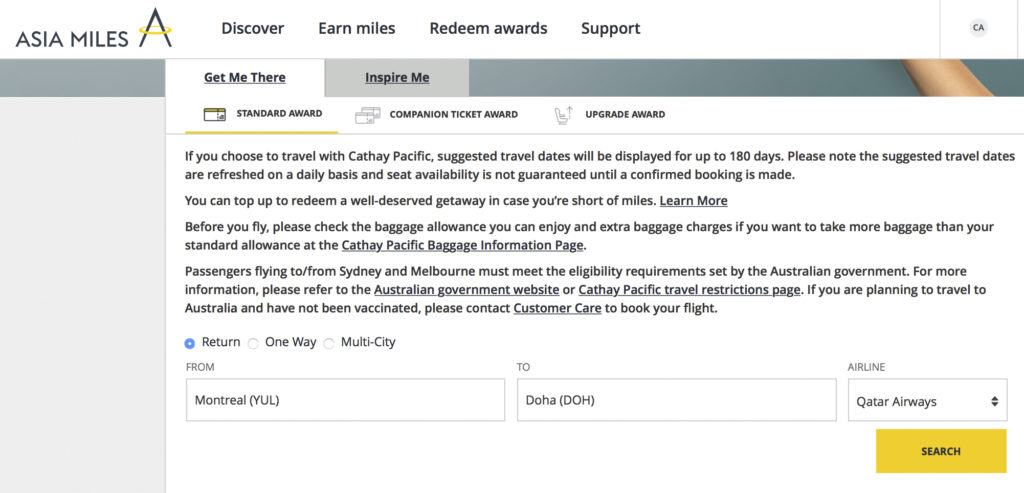 Réservation dun vol avec Asia Miles et Partenaire