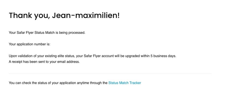 safar status match confirmation en