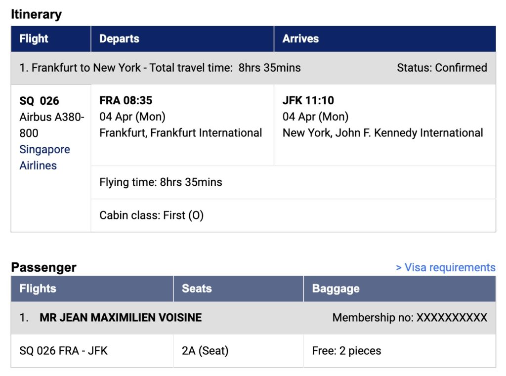 singapore airlines first vol