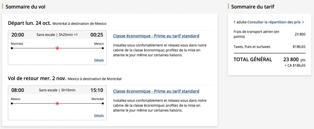 Aeroplan vers Mexique