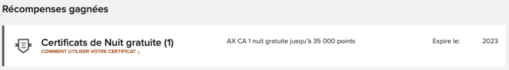 Certificat nuit gratuite Marriott