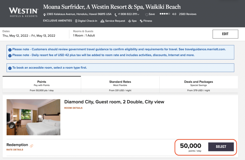 Marriott points room selection