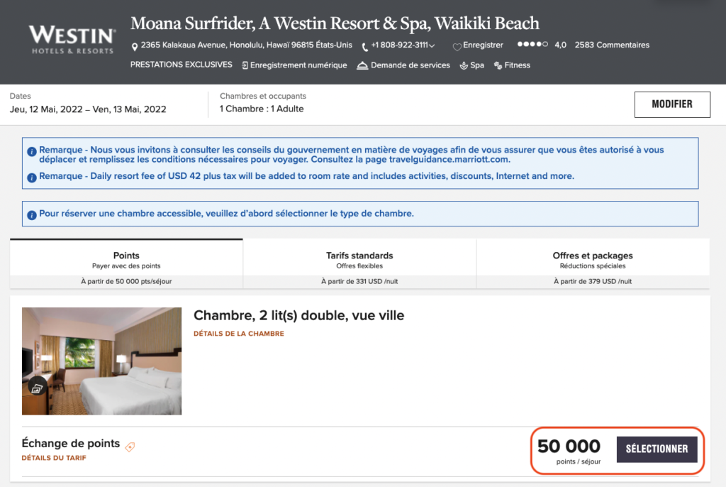 Sélection chambre Marriott points
