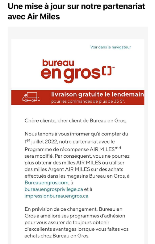 Bureau en gros Air miles