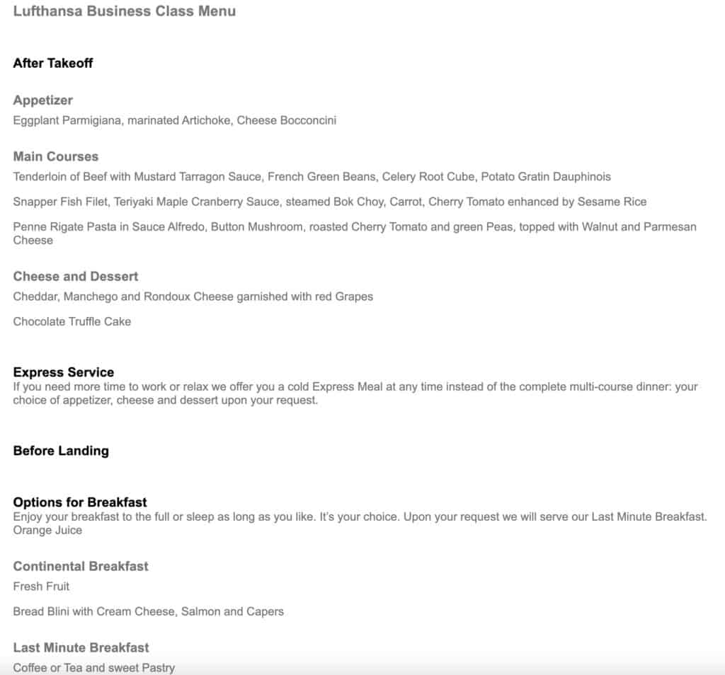 Montreal Munich Lufthansa Affaires Aeroplan Menu