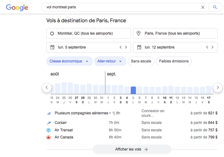 Résultats Google Flights Sur Google