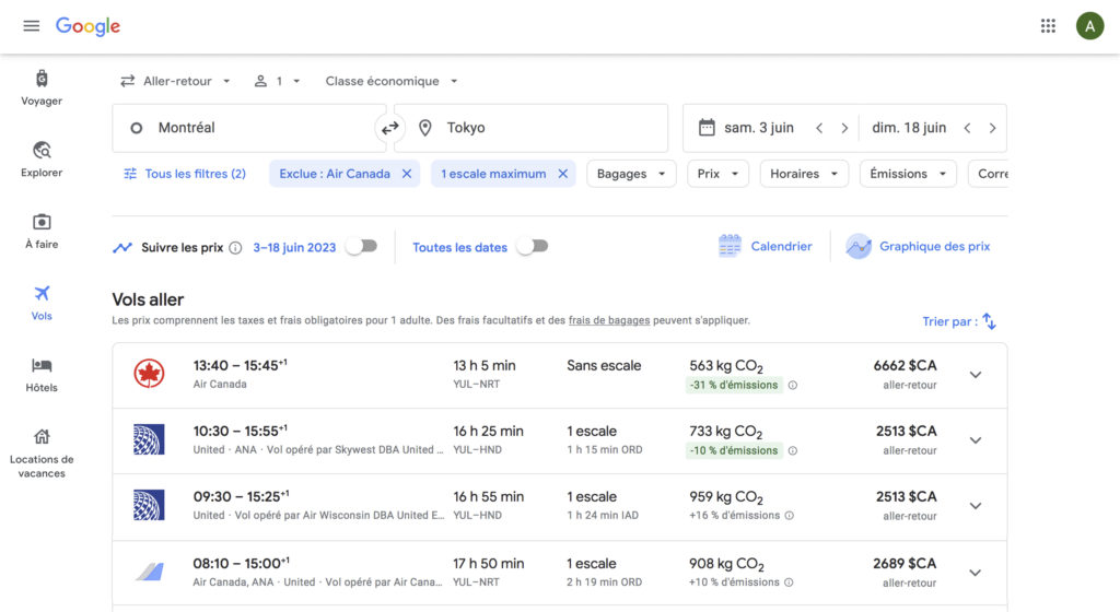 Recherche liaisons Google Flights