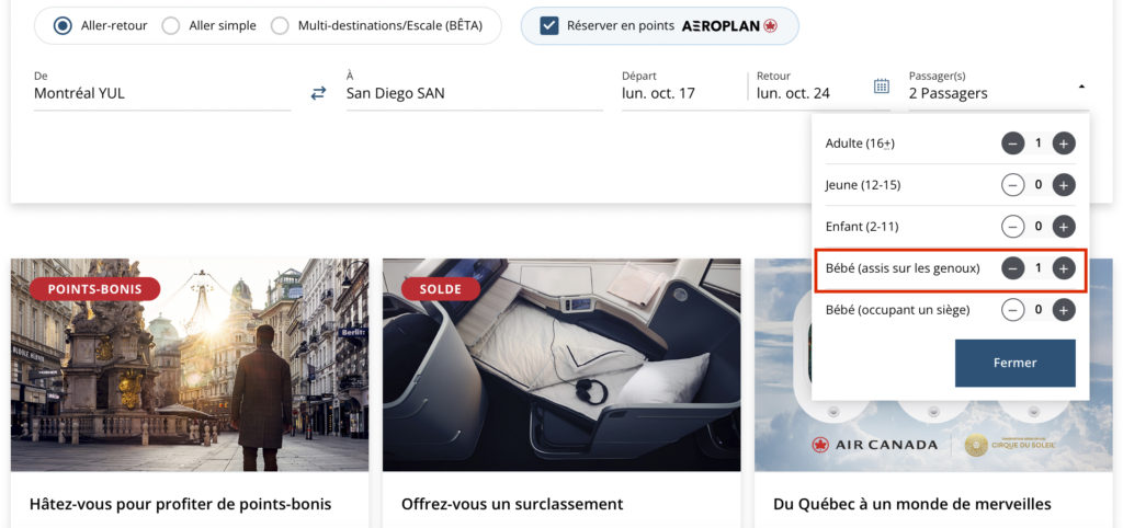 Aeroplan billet prime pour bébé