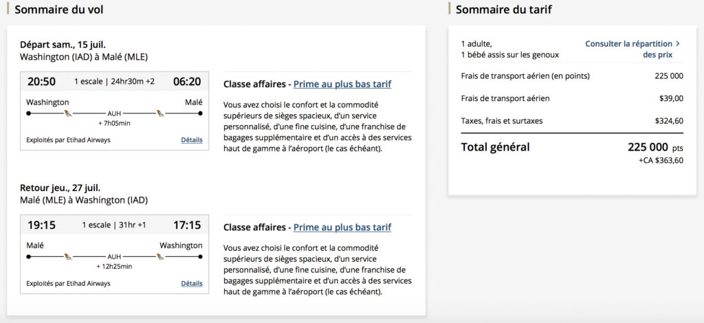 Billet prime pour bébé Maldives