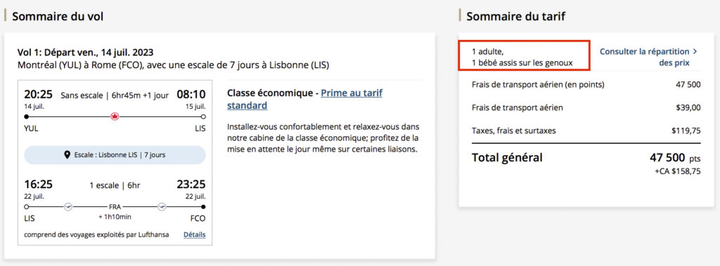 Billet prime pour bébé avec arrêt Aeroplan