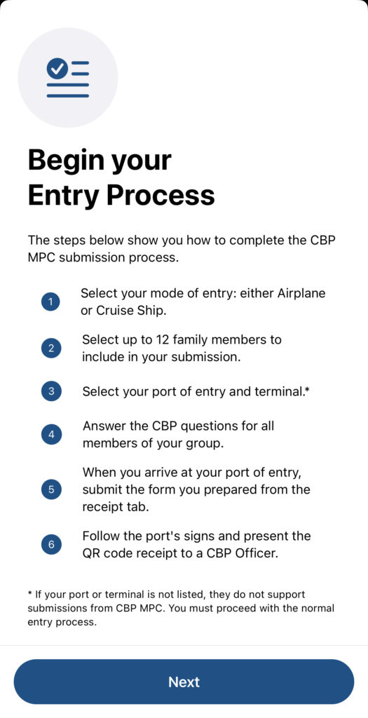 Mobile Passport Control App Begin Entry Process