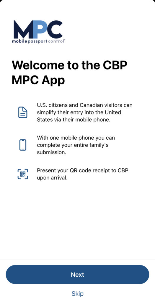 Mobile Passport Control App Welcome