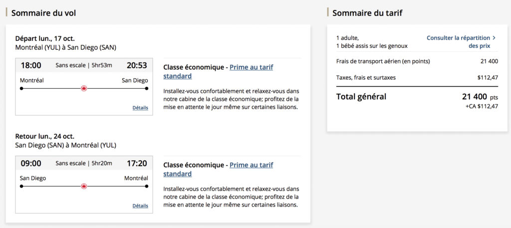 Réservation bébé Aeroplan SAN