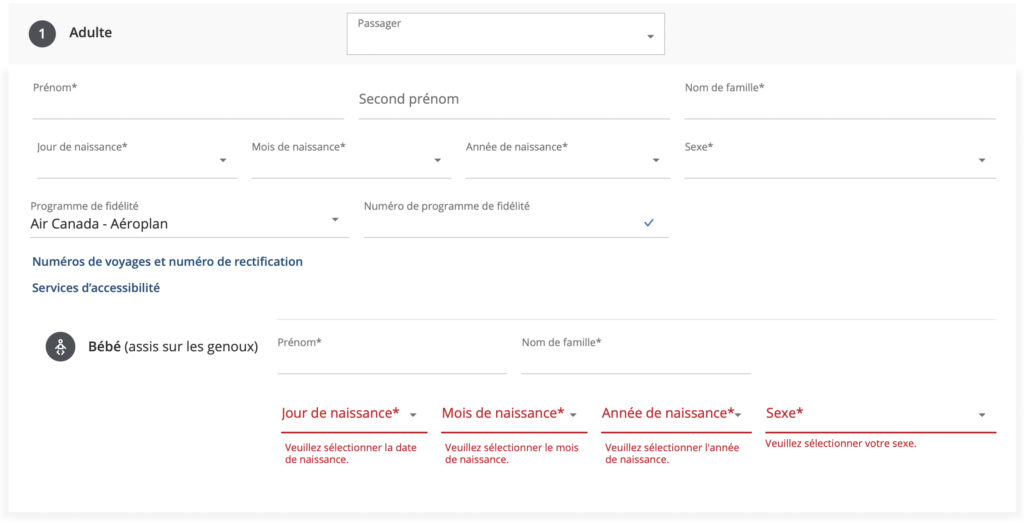 Réservation billet prime pour bébé Aeroplan