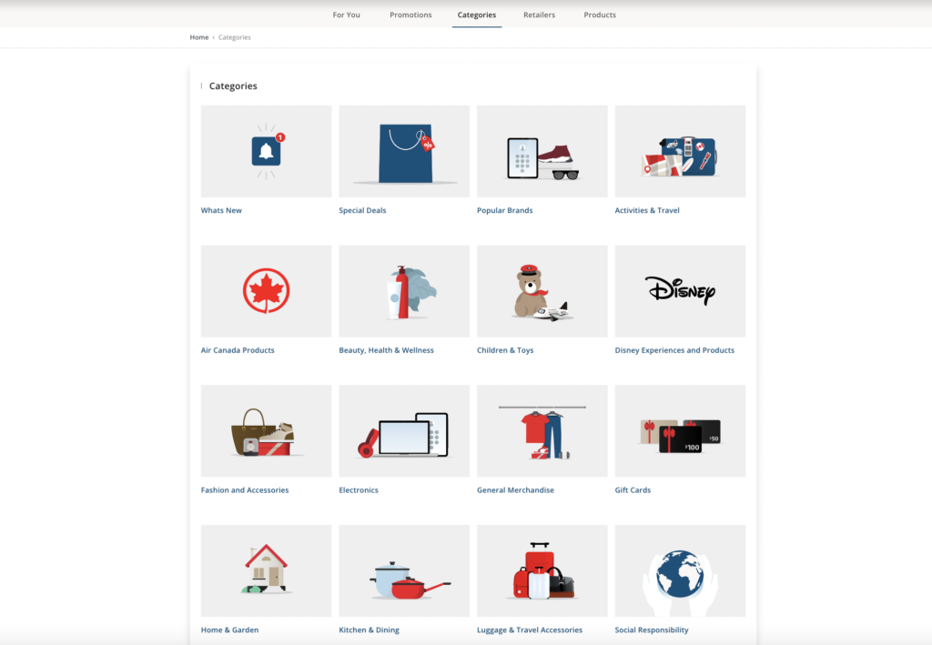 Air Canada eStore categories