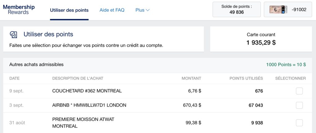 Achats Nouvelle Carte Or Amex