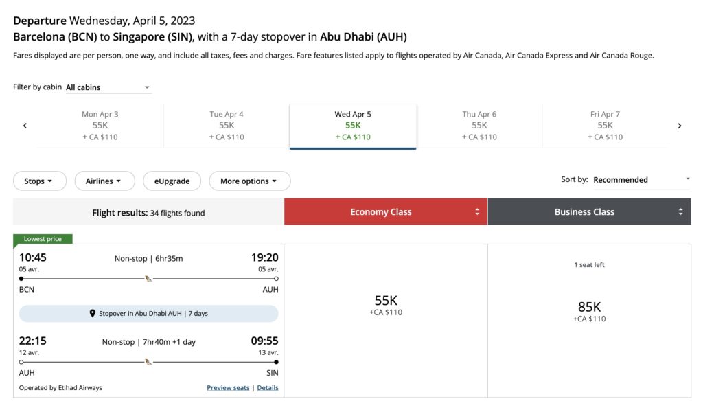 Aeroplan Stopover Search En