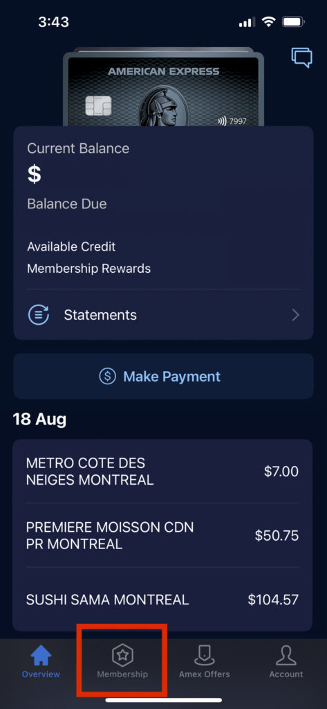 détails accumulation de points Amex sur application 1