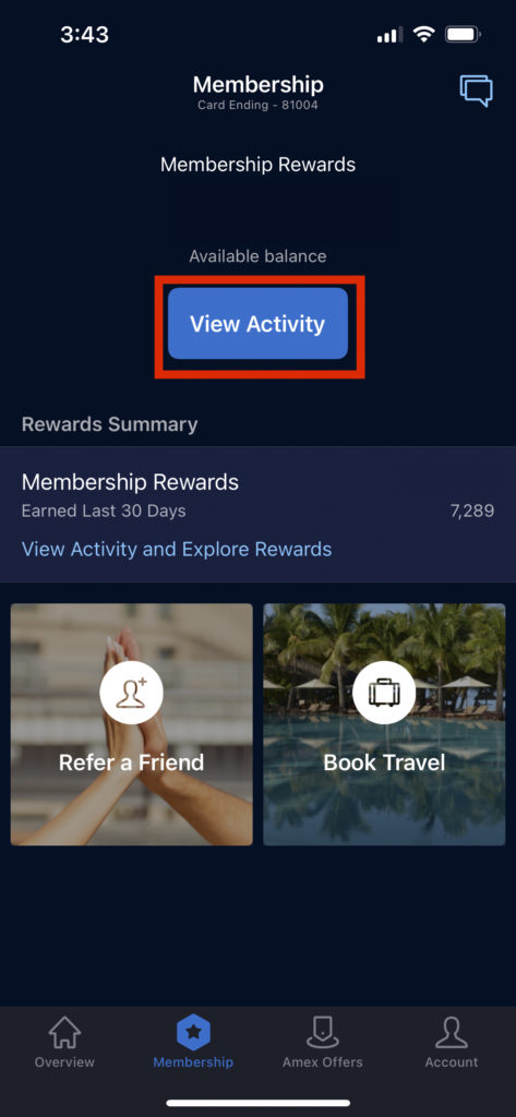 détails accumulation de points Amex sur application 2