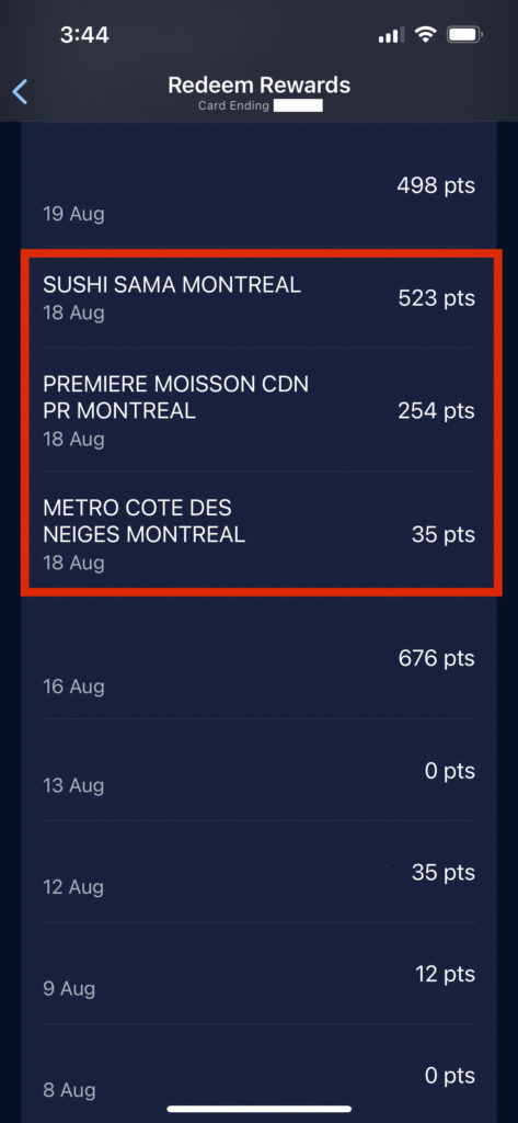 détails accumulation de points Amex sur application