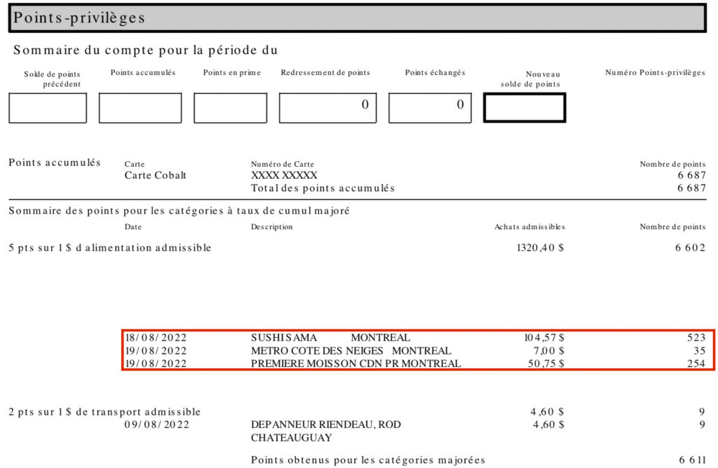 Détails Accumulation De Points Amex Sur Relevé