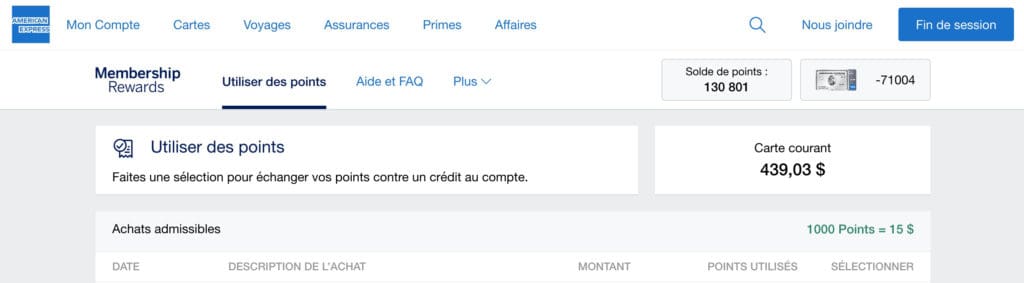 Échange de points promo Amex