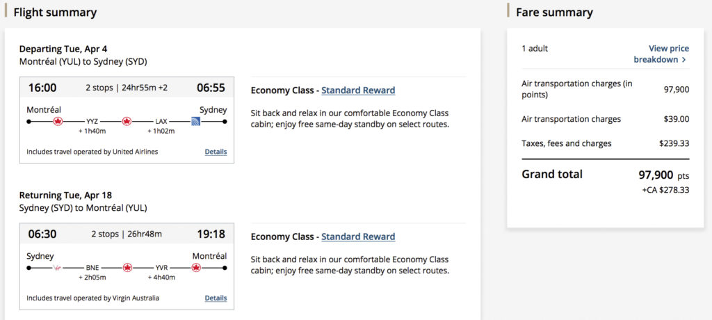 Flights to Australia Aeroplan