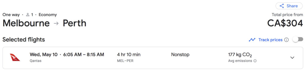 MEL-PER Qantas Cash Fare