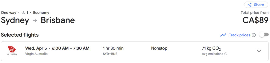 SYD-BNE Virgin Australia Cash Fare