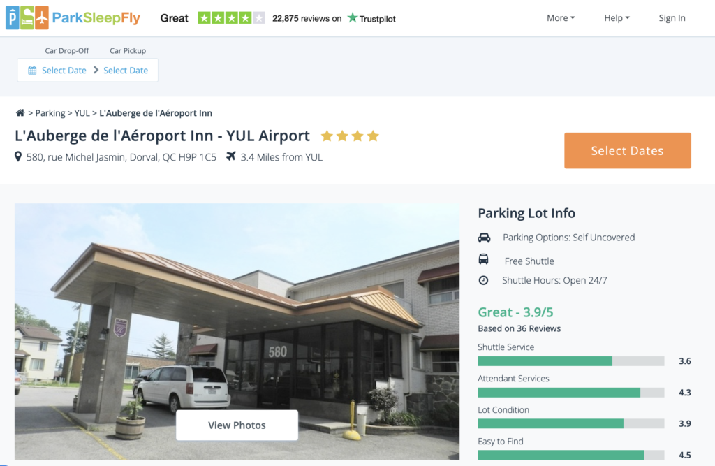 Stationnement option Park Sleep Fly