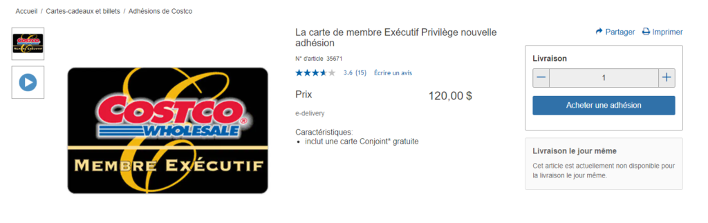 Membre Exécutif Coscto Voyages Costco