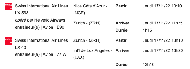 Vol Swiss Premium Eco NCE-ZRH-LAX