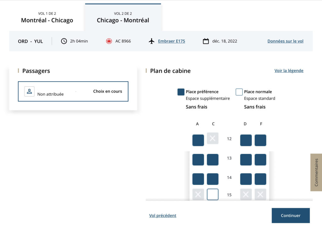 Air Canada RBC vol choisir place préférence