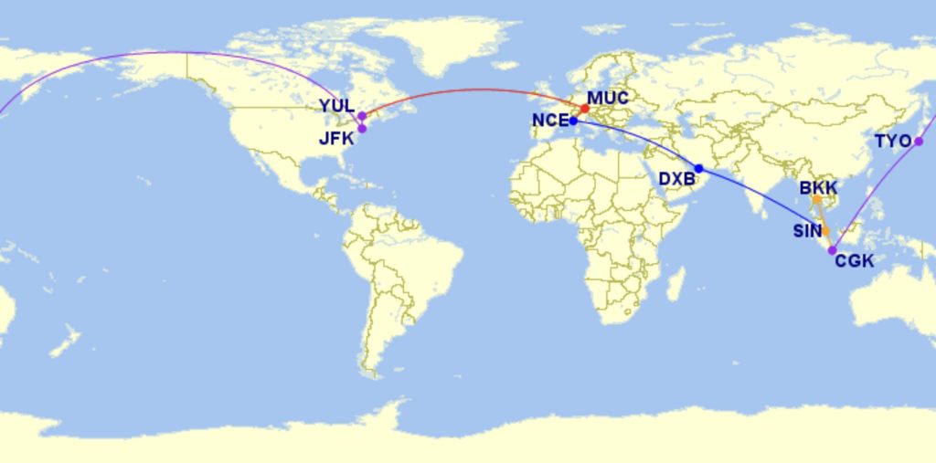 Yul muc nce dxb sin bkk cgk tyo jfk yul gcmap