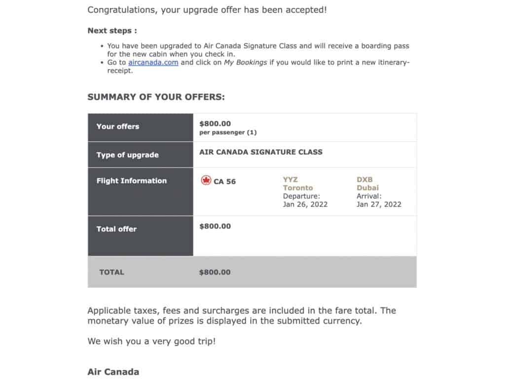 Bid upgrade accepted