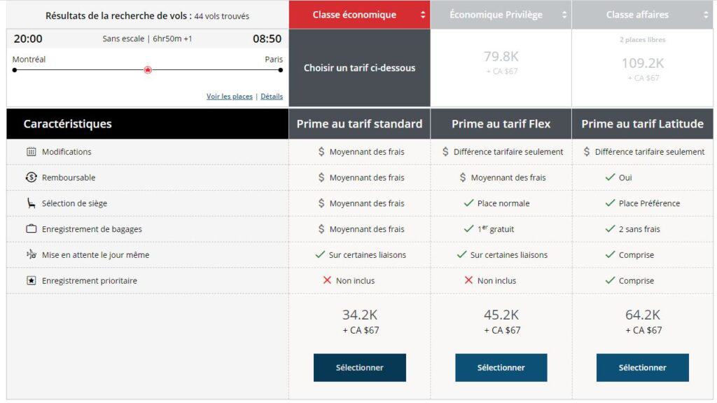 Utilisation de points Aéroplan