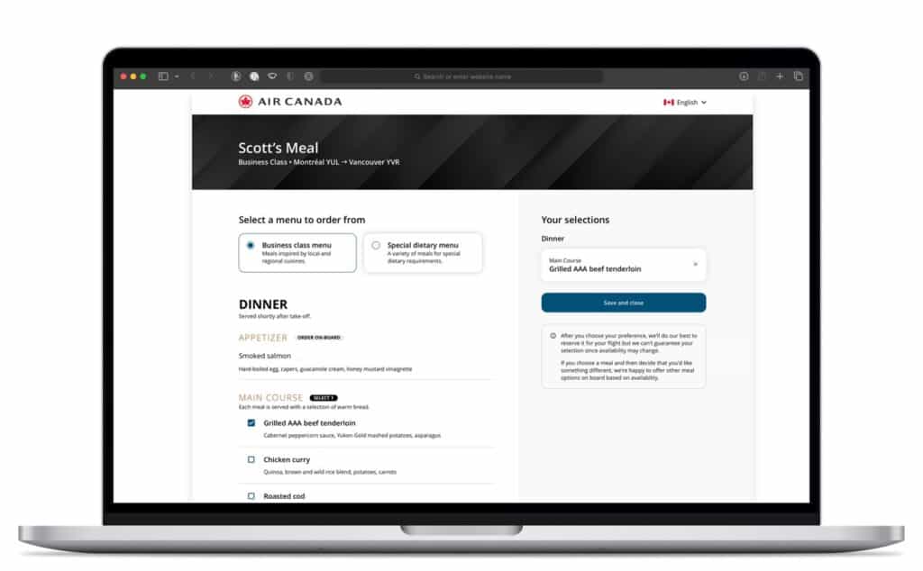 Air Canada Meal Pre-Order – 1 -Desktop View-