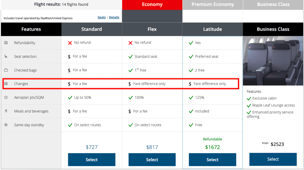 Air Canada Fare Types