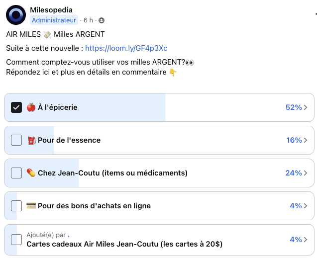 Sondage milles argent air miles