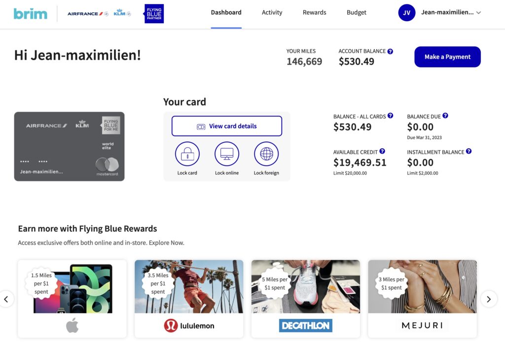 carte air france klm flying blue – tableau bord – fr