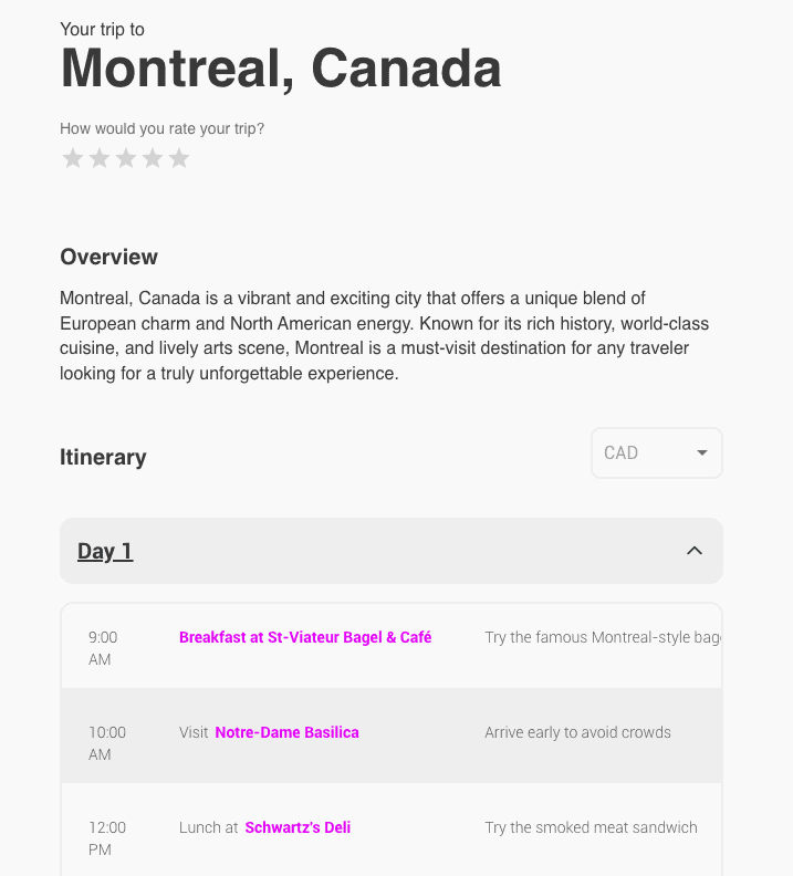 Example itinerary generated by tripplanner