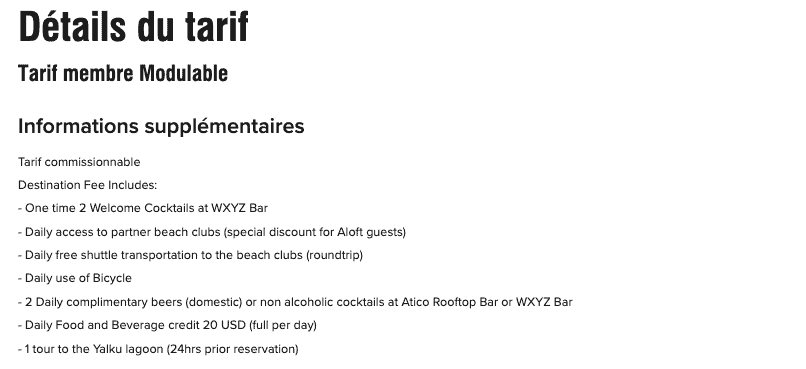 Frais destination Aloft Tulum