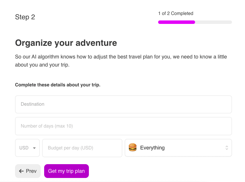 Screenshot of tripplanner.ai homepage