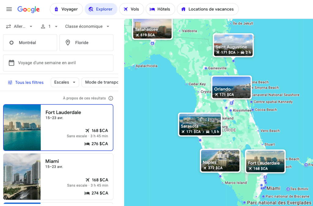 YUL Google Flight FR search
