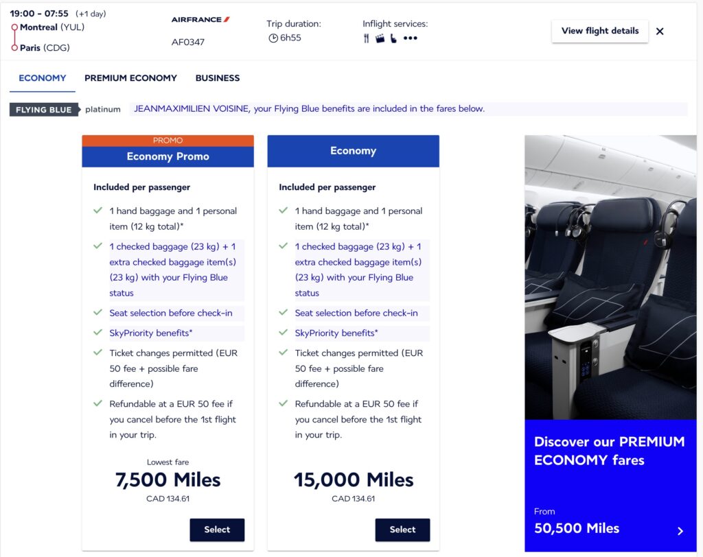 air france – yul-cdg – tarifs bagages – prime promo – francais